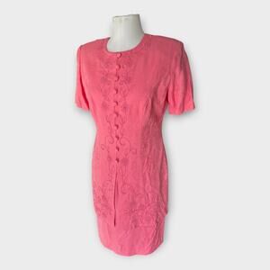 Vintage 80s Karin Stevens Pink Embroidered Knee Length Shift jacket Dress sz 10